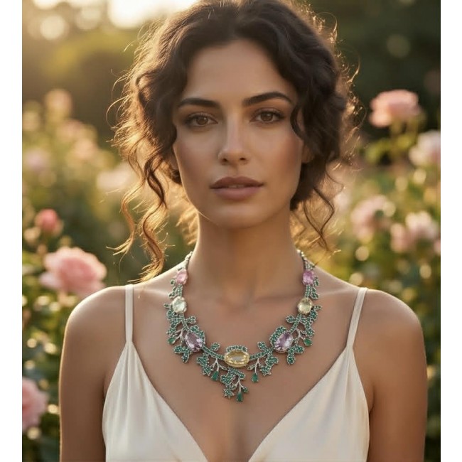 Marie Antoinette's Style - Authentic 155.9 carat COLOMBIAN EMERALD Amethyst .925 Sterling Silver dipped in rhodium handcrafted Statement necklace - Woman wearing floral necklace in garden setting, front view.