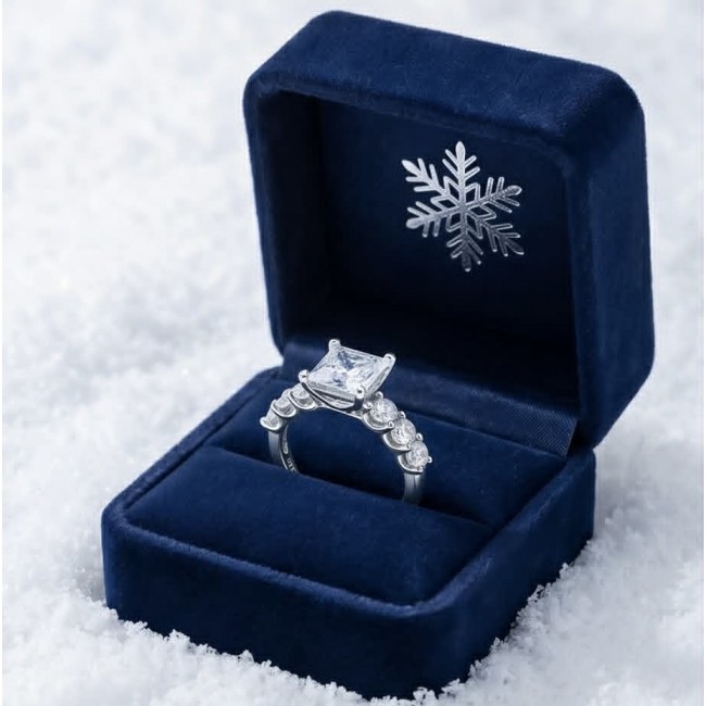 Luxurious assher cut 3.8 carat White Topaz .925 Sterling Silver Solid Infinity ring size 7 - Assher cut white topaz ring in box, side view, on snow background