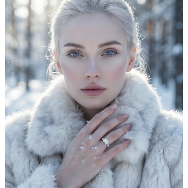 Luxurious assher cut 3.8 carat White Topaz .925 Sterling Silver Solid Infinity ring size 7 - White Topaz ring on hand, snowy background, front view.