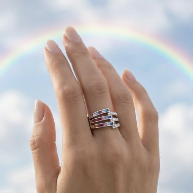 My own Rainbow - authentic 8.7 carat multigem .925 Sterling Silver Eternity Ring size 7 - Hand wearing My Own Rainbow multigem ring against sky and rainbow background.
