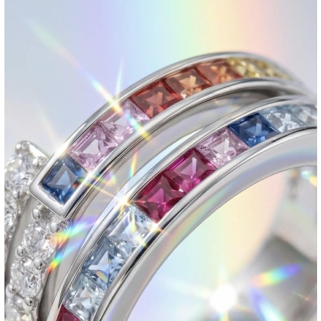 My own Rainbow - authentic 8.7 carat multigem .925 Sterling Silver Eternity Ring size 7 - Close-up of multigem rainbow ring with sparkling stones.