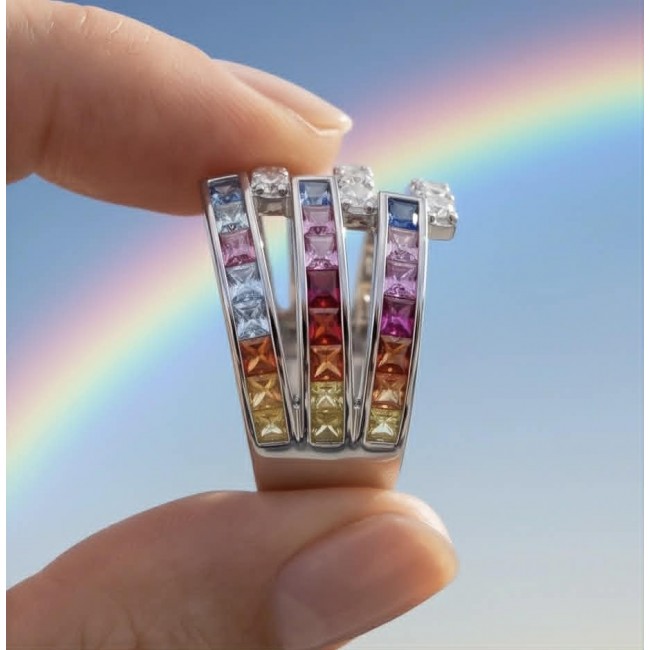 My own Rainbow - authentic 8.7 carat multigem .925 Sterling Silver Eternity Ring size 7 - Close-up of multigem rainbow ring held between fingers, sky background.