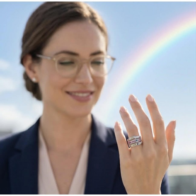 My own Rainbow - authentic 8.7 carat multigem .925 Sterling Silver Eternity Ring size 7 - Woman wearing Rainbow multigem ring, close-up with rainbow in background.