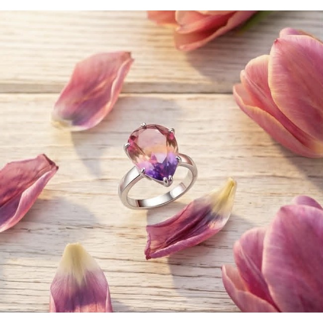 6.8 carat Brazilian Tourmaline .925 Sterling Silver dipped in 18K Gold Perfectly handcrafted Ring s. 6 - Tourmaline ring on wood with pink tulip petals, stone close-up.