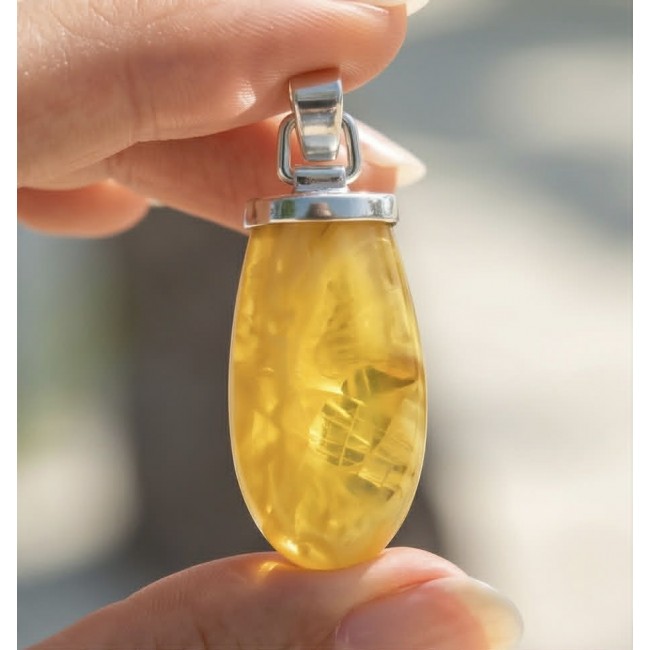 Sea Treasure Prehistoric Authentic Butterscotch Baltic Amber .925 Sterling Silver beautifully handcrafted Pendant - Close-up of butterscotch Baltic amber pendant held between fingers.
