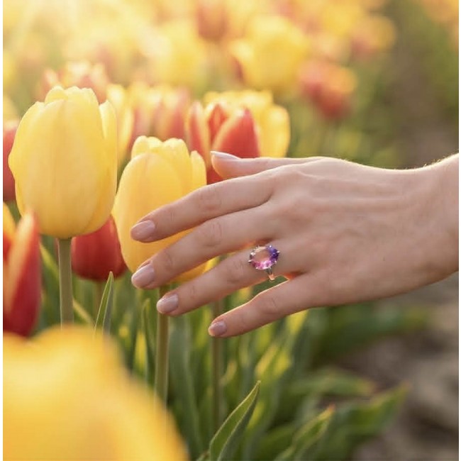 6.8 carat Brazilian Tourmaline .925 Sterling Silver dipped in 18K Gold Perfectly handcrafted Ring s. 6 - Worn on hand with tulip backdrop, 6.8 ct Brazilian Tourmaline ring.