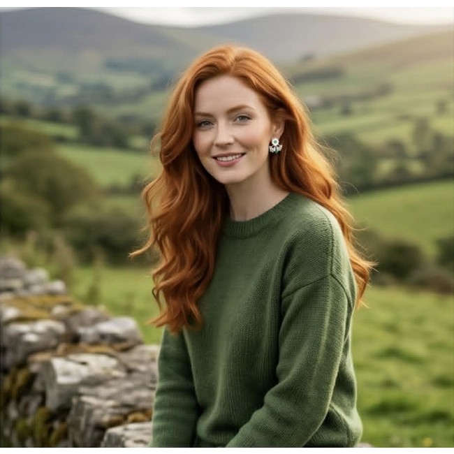 Born to Glam authentic 0.2 carat Colombian Emerald .925 Sterling Silver handcrafted earrings - Woman wearing Born to Glam emerald earrings, scenic background.