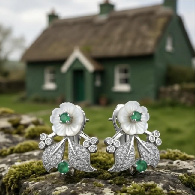 Born to Glam authentic 0.2 carat Colombian Emerald .925 Sterling Silver handcrafted earrings - Front view of floral earrings with Colombian emerald and diamond accents.