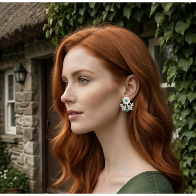 Born to Glam authentic 0.2 carat Colombian Emerald .925 Sterling Silver handcrafted earrings - Side view of woman wearing a Born to Glam emerald earring.