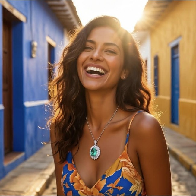 Heirloom authentic 21.2 carat Colombian Emerald .925 Sterling Silver handcrafted Statement necklace - Woman wearing Colombian Emerald pendant in a sunny street setting.