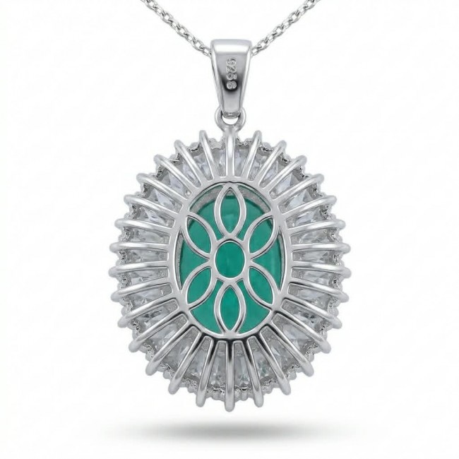 Heirloom authentic 21.2 carat Colombian Emerald .925 Sterling Silver handcrafted Statement necklace - Front view of Colombian Emerald pendant in sterling silver.