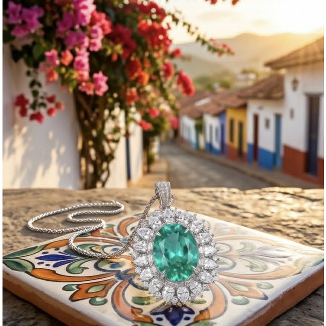 Heirloom authentic 21.2 carat Colombian Emerald .925 Sterling Silver handcrafted Statement necklace - Close-up of 21.2 carat Colombian emerald pendant on a decorative tile.