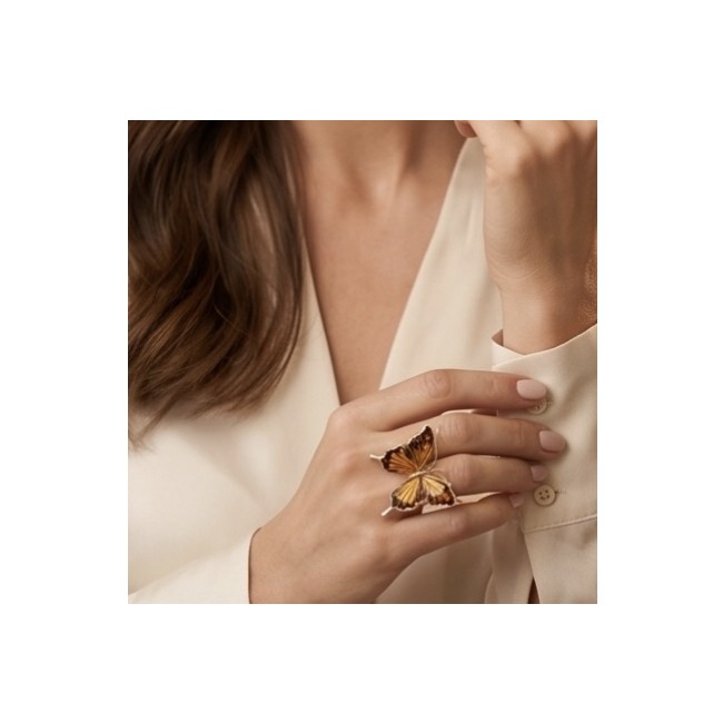 Golden Butterfly Authentic Baltic Amber .925 Sterling Silver dipped in 22K Gold handcrafted ring; s. 7 adjustable - Hand wearing Golden Butterfly Baltic Amber Sterling Silver ring