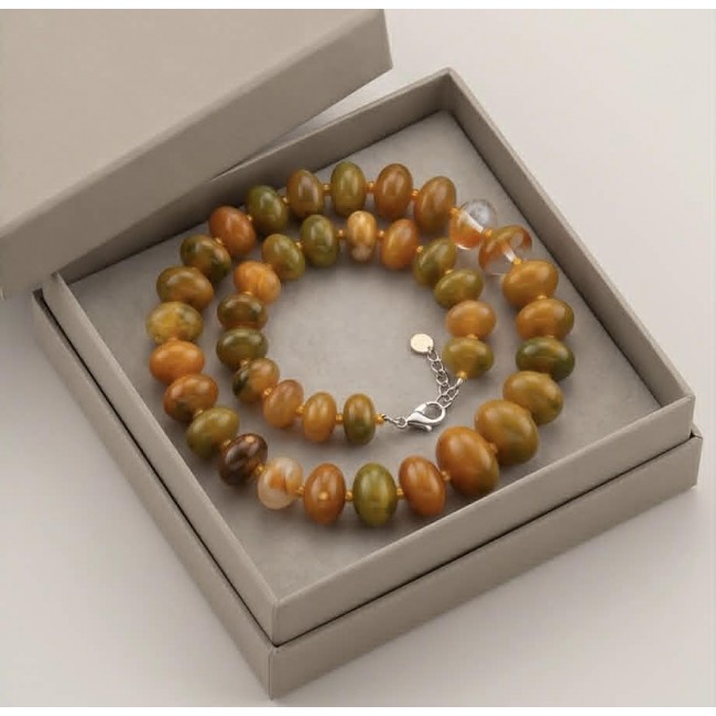 Top quality Rare Unusual Natural Mookiate .925 Sterling Silver Necklace - Mookaite necklace in box, top view, showing clasp and bead detail.