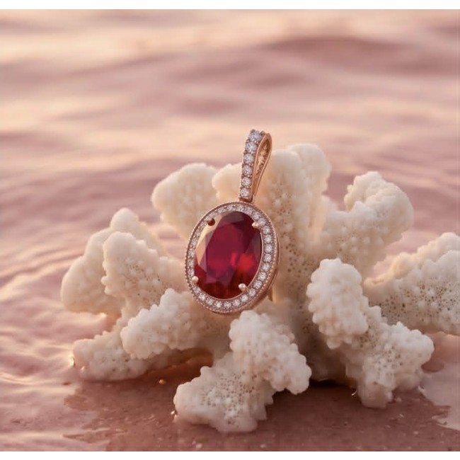 Giovanna Natural 20.8 carat Red Topaz .925 Sterling Silver handcrafted Statement pendant - Red topaz pendant on coral in sunset, close-up view