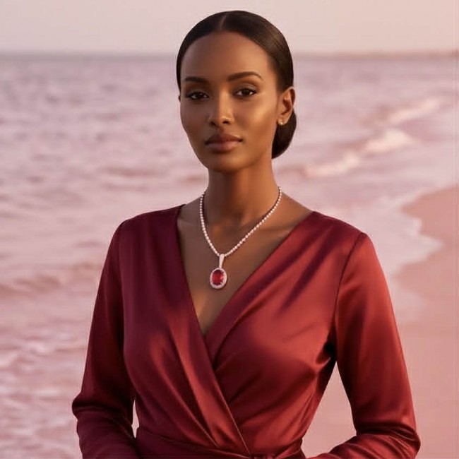 Giovanna Natural 20.8 carat Red Topaz .925 Sterling Silver handcrafted Statement pendant - Woman wearing Giovanna red topaz necklace on beach background.