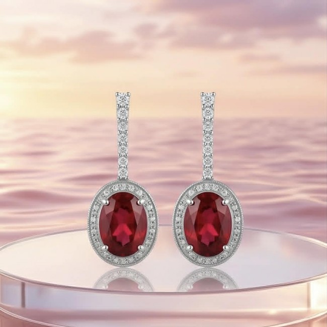 Clarissa - authentic 27.4 carat Ruby .925 Sterling Silver dipped in rhodium handcrafted Statement earrings - Ruby earrings with diamond accents against a sunset background.