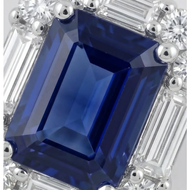 Art Deco - Authentic 3.5 carat Sapphire rhodium over .925 Sterling Silver handcrafted earrings - Close-up of Art Deco sapphire ring with diamond accents.