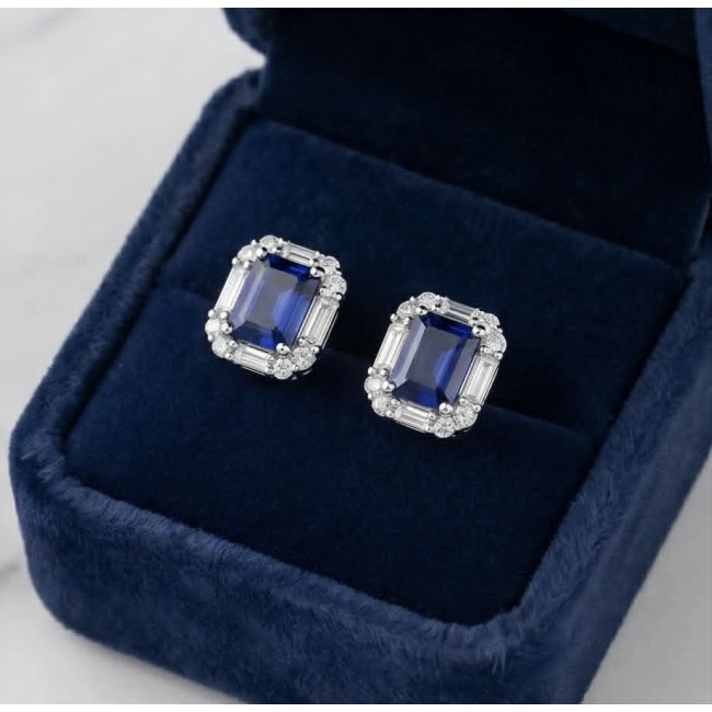 Art Deco - Authentic 3.5 carat Sapphire rhodium over .925 Sterling Silver handcrafted earrings - Art Deco sapphire earrings in box, top view showing stones and setting.
