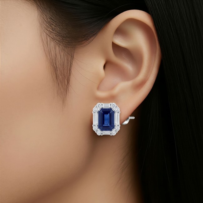 Art Deco - Authentic 3.5 carat Sapphire rhodium over .925 Sterling Silver handcrafted earrings - Sapphire earring close-up, worn on ear, Art Deco design, rhodium finish.