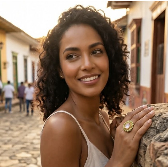 Francesca - Brazilian Rose Quartz Peridot 28.5 carat 18K Gold over .925 Sterling Silver handcrafted Large Ring size 7 - Woman wearing Francesca ring in a street scene, focus on jewelry.