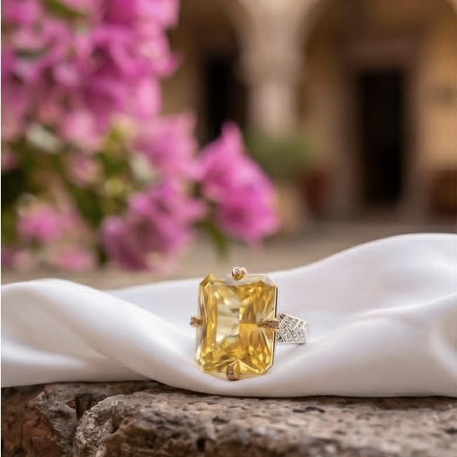 Solid 35.8 carat Genuine Yellow Sapphire 2 tones .925 Sterling Silver handcrafted ring size 7 adjustable - Close-up of yellow sapphire ring on white fabric with floral background.