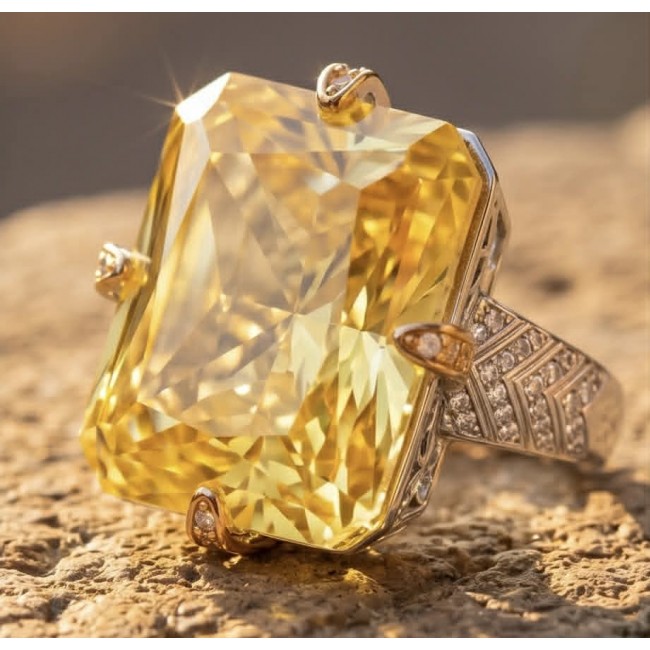 Solid 35.8 carat Genuine Yellow Sapphire 2 tones .925 Sterling Silver handcrafted ring size 7 adjustable - Close-up of 35.8 carat yellow sapphire ring with two-tone .925 silver setting