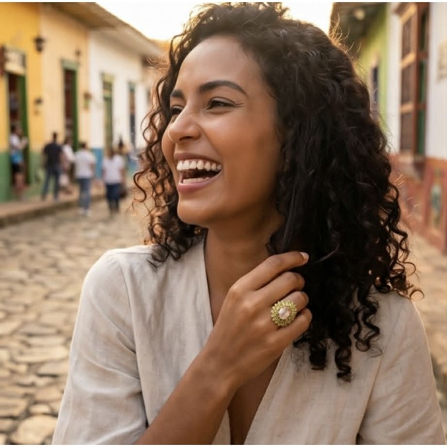 Francesca - Brazilian Rose Quartz Peridot 28.5 carat 18K Gold over .925 Sterling Silver handcrafted Large Ring size 7 - Rose Quartz and Peridot ring on hand, woman smiling in vibrant street scene.