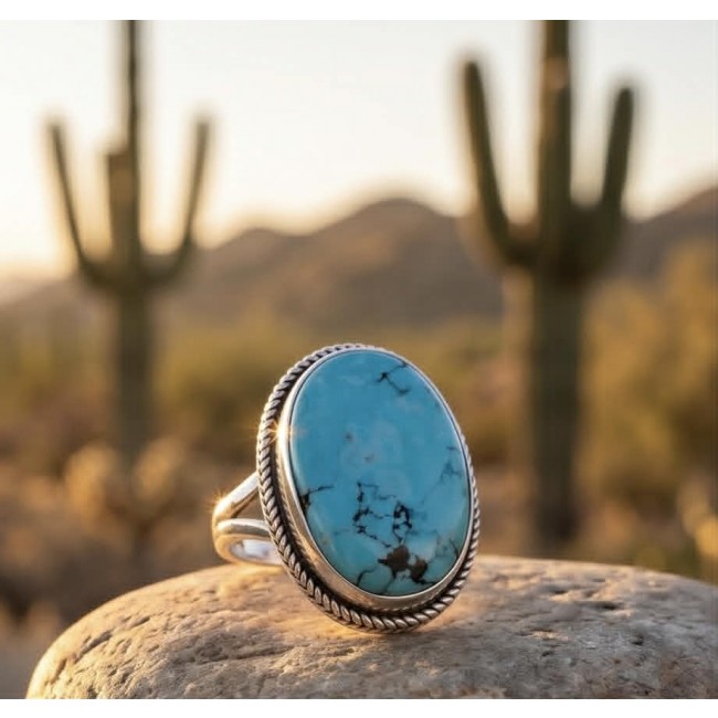 Go West - Rare authentic Turquoise .925 Sterling Silver handcrafted Large ring; s. 8 - Turquoise silver ring close-up with cactus and desert background.