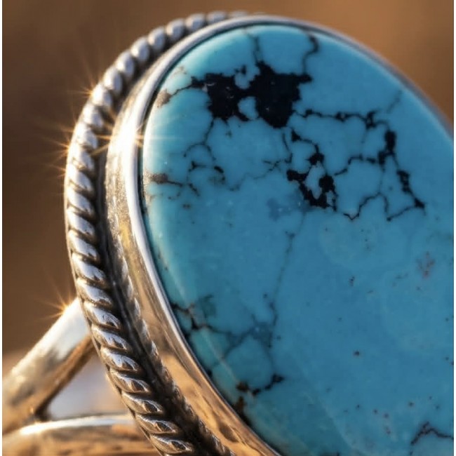 Go West - Rare authentic Turquoise .925 Sterling Silver handcrafted Large ring; s. 8 - Close-up of turquoise stone set in sterling silver ring.