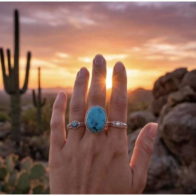 Go West - Rare authentic Turquoise .925 Sterling Silver handcrafted Large ring; s. 8 - Hand wearing Go West turquoise rings with sunset and cactus background