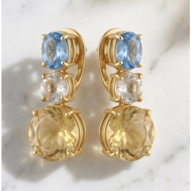 Fiesta Authentic 12.5 carat Multigem .925 Sterling Silver dipped in 18K Gold over brilliantly handcrafted earrings - Multigem earrings front view on marble surface