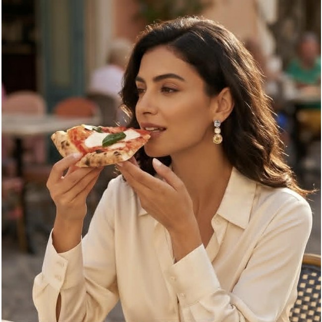 Fiesta Authentic 12.5 carat Multigem .925 Sterling Silver dipped in 18K Gold over brilliantly handcrafted earrings - Woman wearing Fiesta earrings while eating pizza, side view