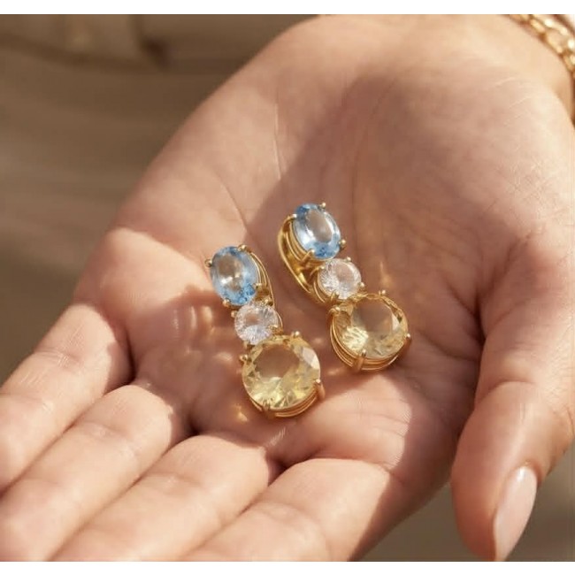 Fiesta Authentic 12.5 carat Multigem .925 Sterling Silver dipped in 18K Gold over brilliantly handcrafted earrings - Close-up of Fiesta Authentic multigem earrings in hand.