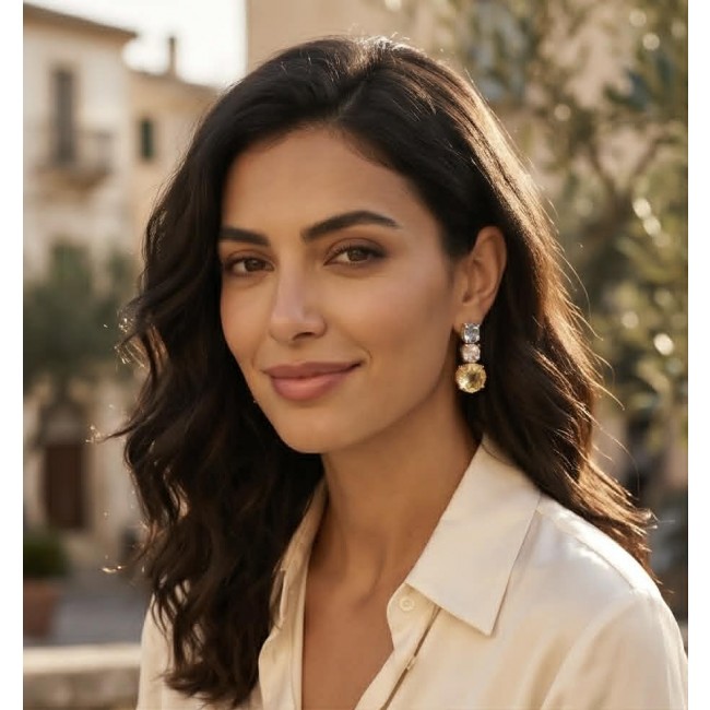 Fiesta Authentic 12.5 carat Multigem .925 Sterling Silver dipped in 18K Gold over brilliantly handcrafted earrings - Woman wearing Fiesta 12.5 carat multigem earrings, side view.