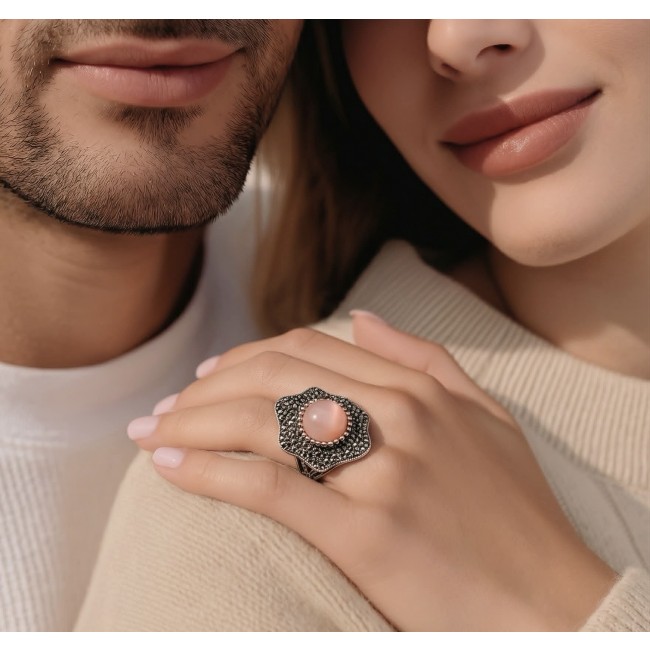Bella Rosa Natural 17.8 carat BRAZILIAN ROSE QUARTZ .925 Sterling Silver dipped in RHODIUM handmade Statement Ring size 6 - Rose quartz ring on hand, highlighting stone and intricate band detail.