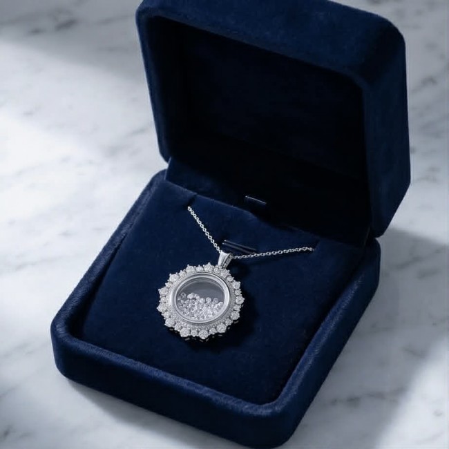 Floating Memories 12.5 carat White Sapphire .925 Sterling Silver Handcrafted Statement pendant - Pendant in blue velvet box, top view, white sapphire in sterling silver