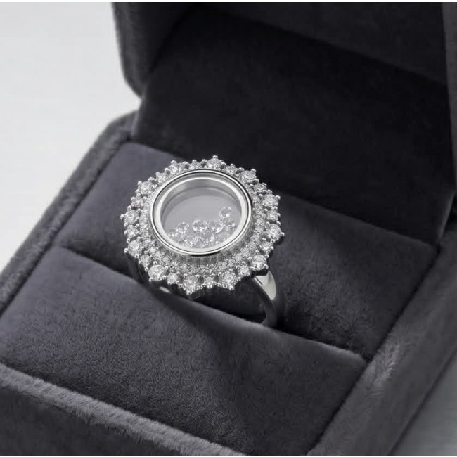 Floating Memories 10.5 carat White Sapphire .925 Sterling Silver Handcrafted Ring size 9 - Floating Memories ring in box, top view, white sapphire details