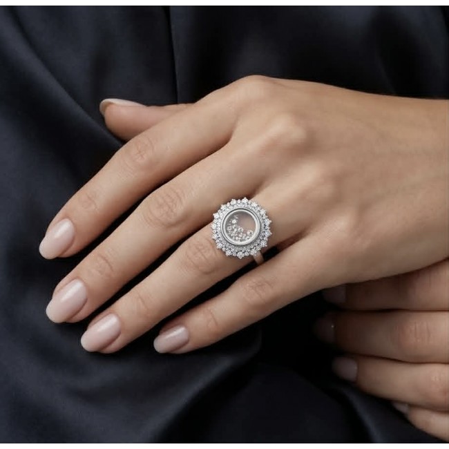 Floating Memories 10.5 carat White Sapphire .925 Sterling Silver Handcrafted Ring size 9 - Floating Memories ring worn on hand, 10.5 carat white sapphire display.