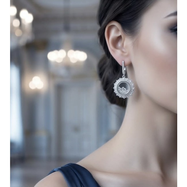 Floating Memories 12.5 carat White Sapphire .925 Sterling Silver Handcrafted Statement earrings - Earring worn on ear, showcasing Floating Memories white sapphire design.