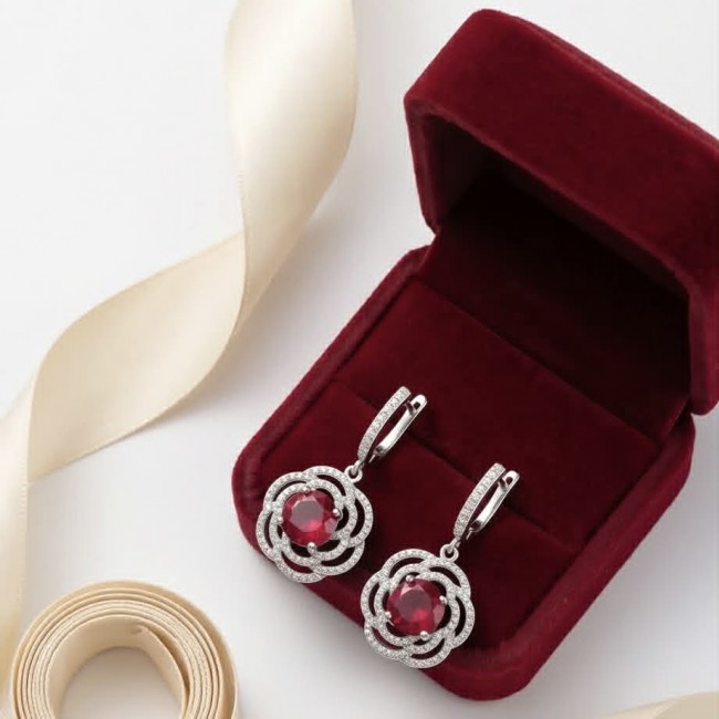 Giovanna Natural 7.8 carat Red Topaz .925 Sterling Silver handcrafted Statement earrings - Red topaz earrings in box, angled view, showcasing elegant design.