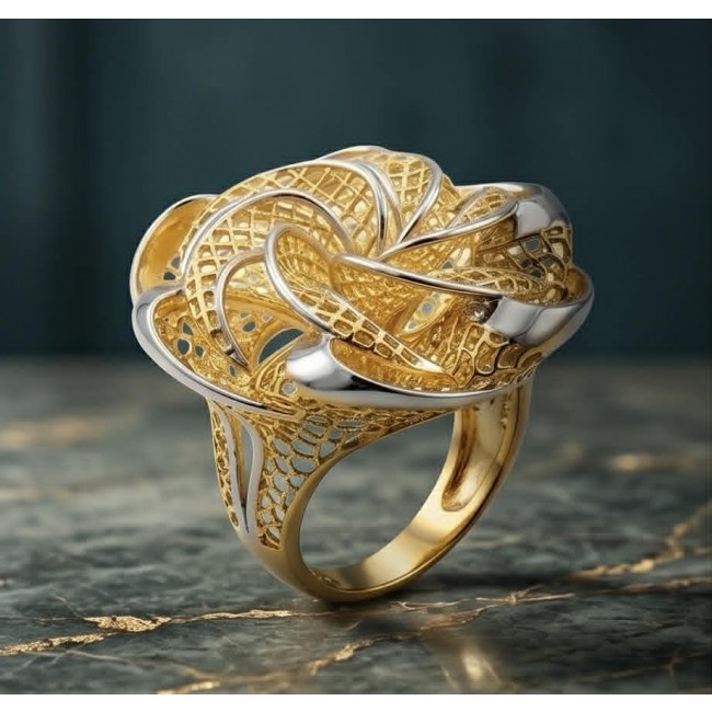 Dubai Style - .925 Sterling Silver dipped in 22K Gold handmade Large ring size 6 - Side view of intricate gold-plated sterling silver ring on marble surface.