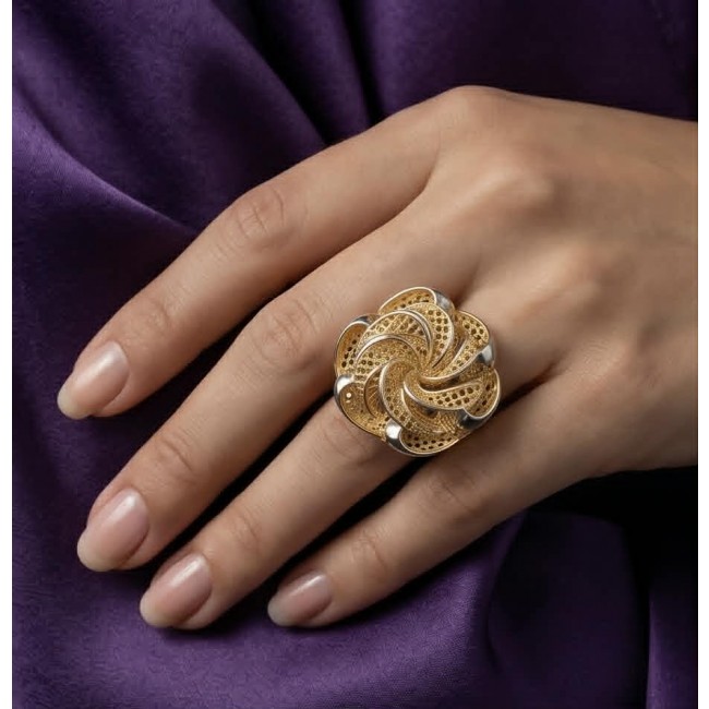 Dubai Style - .925 Sterling Silver dipped in 22K Gold handmade Large ring size 6 - Gold dipped silver ring worn on hand, intricate design, purple background.