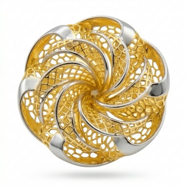 Dubai Style - .925 Sterling Silver dipped in 22K Gold handmade Large ring size 6 - Gold and silver swirl design, top view of Dubai Style jewelry piece.