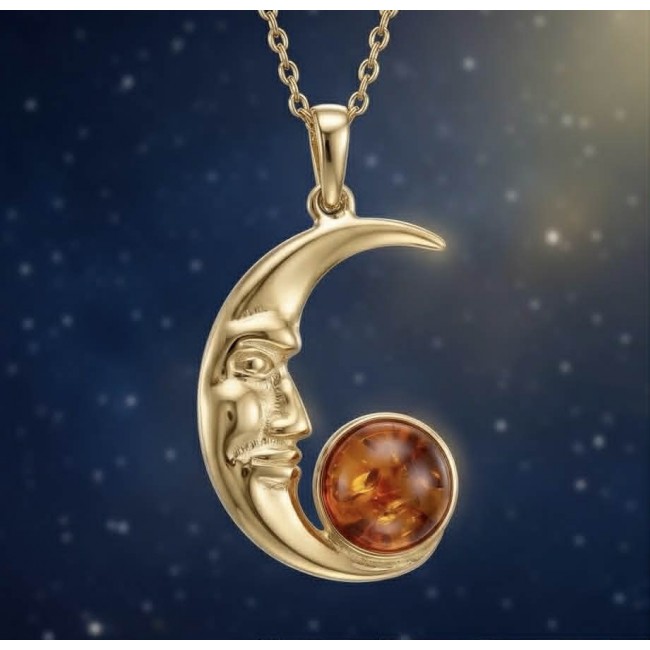 Golden Moon Prehistoric Authentic Baltic Amber 18K Gold over .925 Sterling Silver beautifully handcrafted Pendant - Gold crescent moon with amber, front view on starry background.