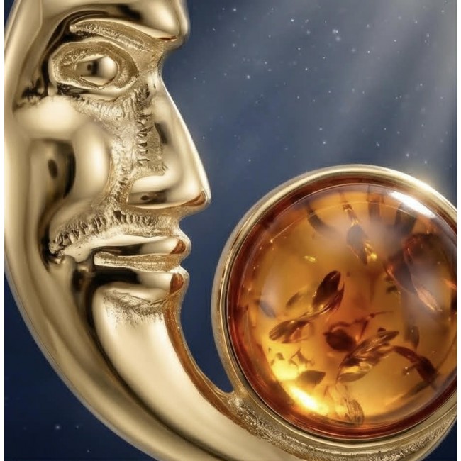 Golden Moon Prehistoric Authentic Baltic Amber 18K Gold over .925 Sterling Silver beautifully handcrafted Pendant - Golden moon pendant with amber, side view, 18K gold over setting.
