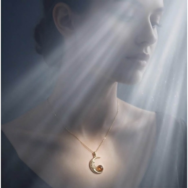 Golden Moon Prehistoric Authentic Baltic Amber 18K Gold over .925 Sterling Silver beautifully handcrafted Pendant - Moon pendant with amber worn on neck, illuminated by soft light beams.