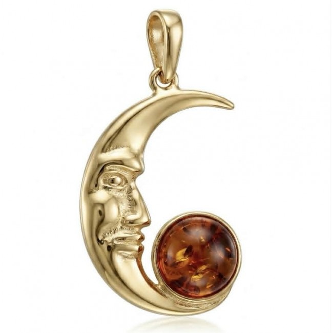 Golden Moon Prehistoric Authentic Baltic Amber 18K Gold over .925 Sterling Silver beautifully handcrafted Pendant - Side view of gold moon pendant with amber stone.