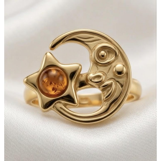 HARMONY Beauty of the Sea - Natural Baltic Amber .925 Sterling Silver dippedin 18K Gold handcrafted ring; s. 7 - Close-up of HARMONY Natural Baltic Amber ring with moon and star design.