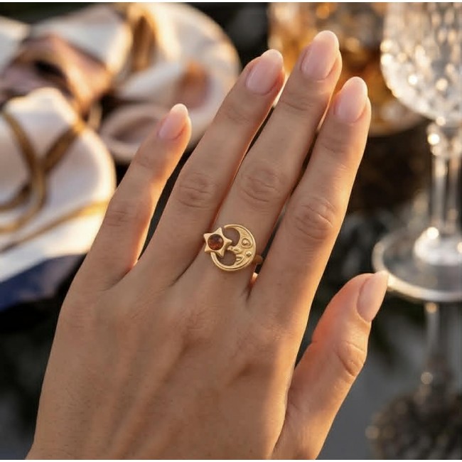 HARMONY Beauty of the Sea - Natural Baltic Amber .925 Sterling Silver dippedin 18K Gold handcrafted ring; s. 7 - Ring with amber and star-moon design, worn on hand, close-up view.